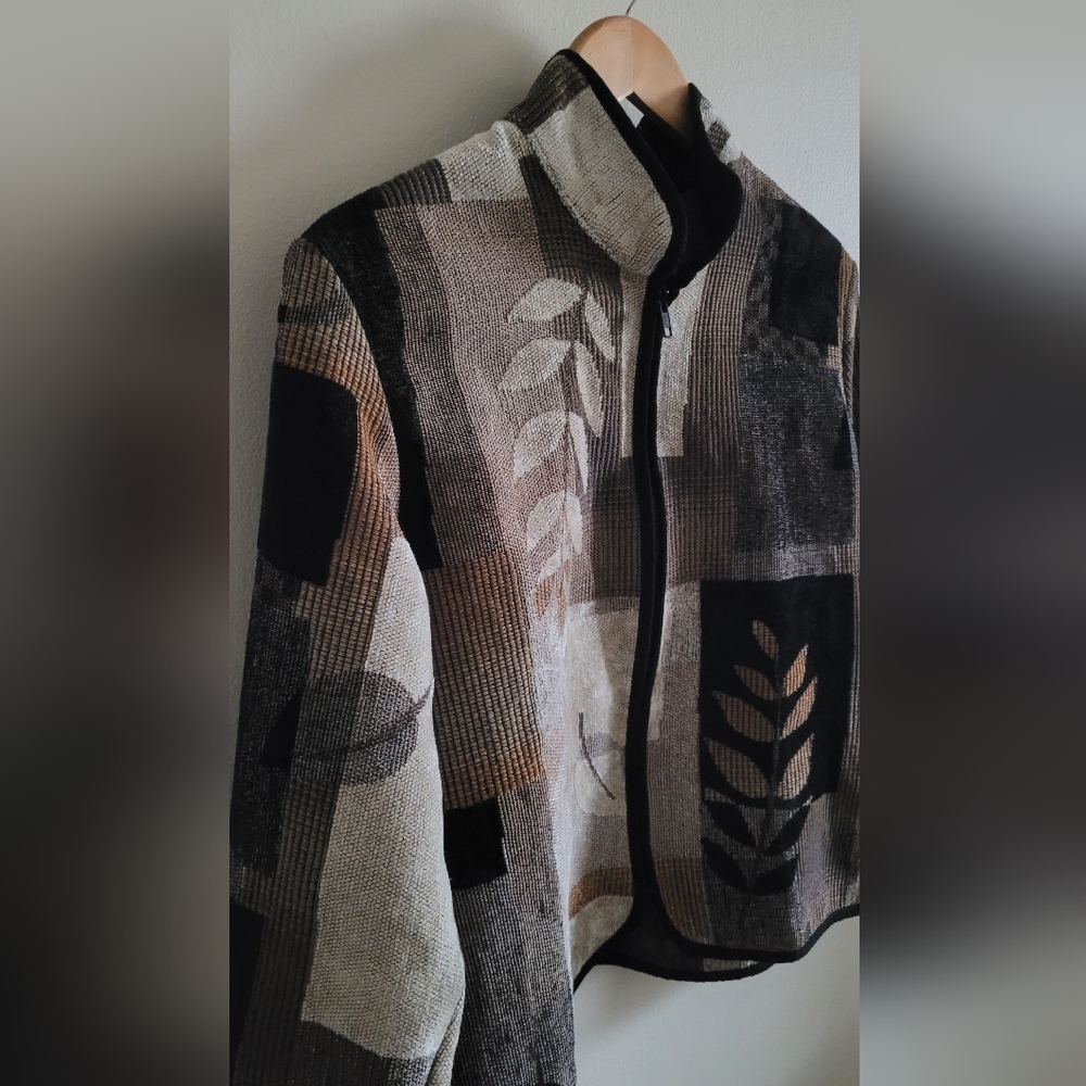 Coldwater Creek Leaf Tapestry Zippered Jacket, Women's 1X, Black, Cream & Tan
